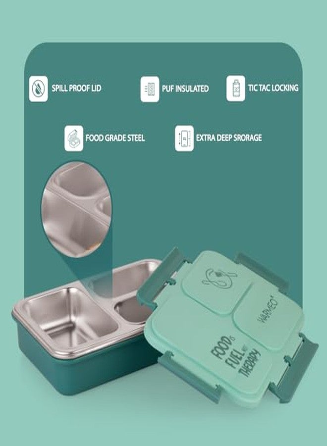 WARMEO علبة غداء معزولة من وارميو برانش 3 بثلاثة أقسام، خالية من مادة BPA، آمنة للاستخدام مع الطعام، مثالية للمدرسة والنزهات والمكتب والأنشطة الخارجية - 750 مل، لون أخضر نعناعي، مصنوعة من الفولاذ المقاوم للصدأ - Image 3